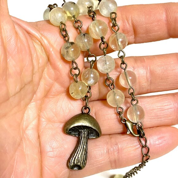 Natural Yellow Green Prehnite Necklace, Bronze Slim Mushroom + Genuine Gemstone - Picture 16 of 16